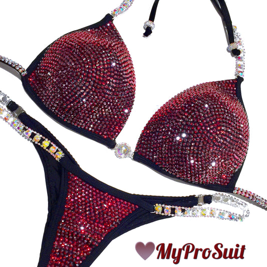 MyProSuit  Burgundy Satin Swarovski® Crystal NPC IFBB Competition Stage Suit Molded Triangle push up Top. Scrunch butt pro cut bottoms